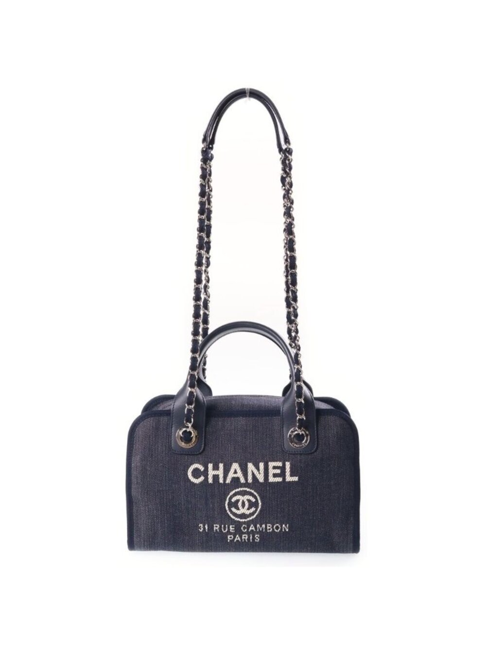 Chanel Deauville Bowling Bag Chain Navy Denim Leather Silver
